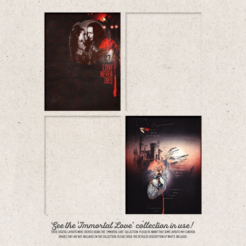 May include: Two digital art prints with a dark red background. The first print features a couple embracing with the text "27 Days of Love Never Dies". The second print features a heart with a castle in the background.