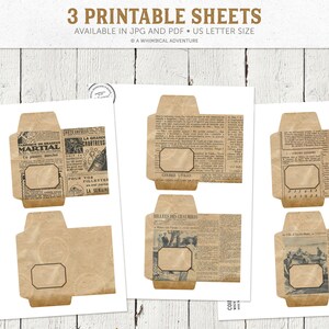 Peut inclure: Trois feuilles imprimables d'enveloppes de style vintage avec une texture de papier brun et des coupures de journaux. Les enveloppes ont un espace vide pour &eacute;crire une adresse. Le texte sur les feuilles est "COIN ENVELOPES NO. 1", "MARTIAL", "LA GRANDI CHARTREUS", "POUR VOS FILLETES", "LA SEMAINE", "CHORS UTILIS", "RELBLK MOR", "DIMANCHE ILLUST", "KILLERS DES CRANM", et "3 PRINTABLE SHEETS".