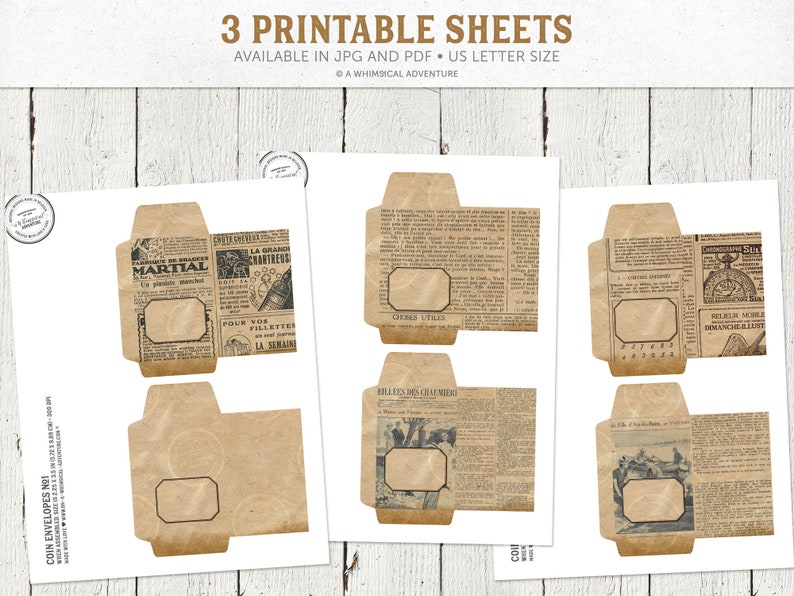Peut inclure: Trois feuilles imprimables d'enveloppes de style vintage avec une texture de papier brun et des coupures de journaux. Les enveloppes ont un espace vide pour &eacute;crire une adresse. Le texte sur les feuilles est "COIN ENVELOPES NO. 1", "MARTIAL", "LA GRANDI CHARTREUS", "POUR VOS FILLETES", "LA SEMAINE", "CHORS UTILIS", "RELBLK MOR", "DIMANCHE ILLUST", "KILLERS DES CRANM", et "3 PRINTABLE SHEETS".