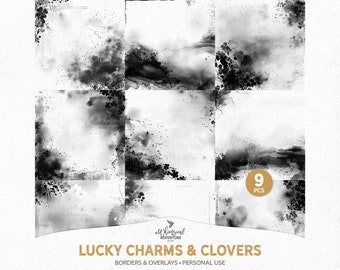 Lucky Charms And Clovers Transparent Black Border Overlays For Scrapbooking, Digital Download Artsy Clipping Masks PNG Files