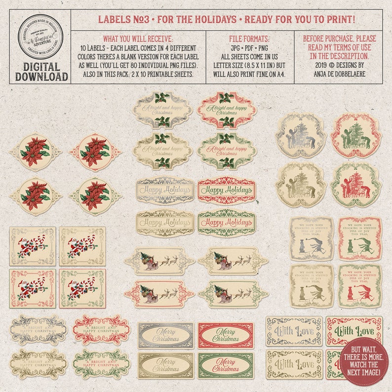 May include: Printable Christmas gift tags with various designs, including "Merry Christmas", "Happy Holidays", and "With Love". The tags are in a vintage style with red, green, and gold accents. There are 10 different designs, each available in 4 colors, plus blank versions. The printable sheets are 8.5 x 11 inches.