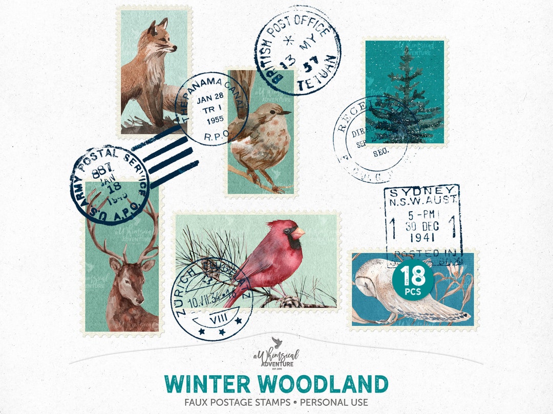 Rustic Stamps Postage Stamps Pack, Faux Stamps, Watercolor Woodland Animals, Vintage ...