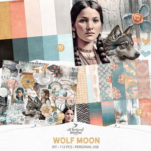 Wolf Mond Native American Indian Scrapbook Kit, digitaler Download Januar Neujahr Mixed Media Art Papers und Tribal Clipart