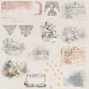 May include: A vintage style image with a variety of decorative elements, including an owl, a book, stars, and text. The image is in shades of gray, brown, and beige, with a textured background.