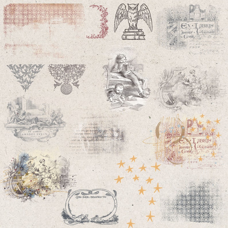 May include: A vintage style image with a variety of decorative elements, including an owl, a book, stars, and text. The image is in shades of gray, brown, and beige, with a textured background.