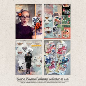 K&ouml;nnte beinhalten: Eine digitale Collage mit verschiedenen Bildern, darunter Schmetterlinge, V&ouml;gel, Blumen und Text. Die Collage ist in vier Abschnitte unterteilt, die jeweils ein anderes Thema haben. Der obere linke Abschnitt zeigt eine Frau mit Brille, der obere rechte Abschnitt zeigt ein Juni-Thema, der untere linke Abschnitt zeigt eine Person mit Hut und der untere rechte Abschnitt zeigt eine Sammlung von Etiketten.