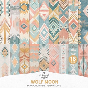 Wolf Mond Boho Chic Distressed Scrapbook Hintergründe, digitaler Download Januar Neujahr Papier für Kunst und Junk Journal
