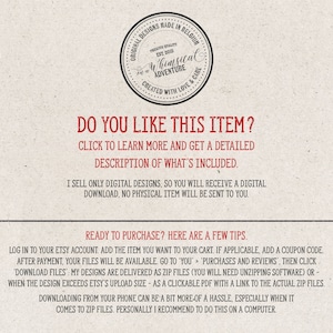 Pode incluir: Uma imagem de texto com um c&iacute;rculo vermelho contendo o texto "Original Designs Made in Belgium" e o texto "Whimsical Adventure" em um c&iacute;rculo menor dentro do c&iacute;rculo maior. O texto "Do You Like This Item?" est&aacute; em letras vermelhas grandes. O texto "Click to learn more and get a detailed description of what's included." est&aacute; em letras vermelhas menores. O texto "I sell only digital designs, so you will receive a digital download. No physical item will be sent to you." est&aacute; em letras vermelhas menores. O texto "Ready to purchase? Here are a few tips." est&aacute; em letras vermelhas grandes. O texto "Log in to your Etsy account. Add the item you want to your cart. If applicable, add a coupon code. After payment, your files will be available. Go to 'You' > 'Purchases and Reviews', then click 'Download Files': My designs are delivered as zip files (you will need unzipping software) or - when the design exceeds Etsy's upload size - as a clickable PDF with a link to the actual zip files. Downloading from your phone can be a bit more-of a hassle, especially when it comes to zip files. Personally I recommend to do this on a computer." est&aacute; em letras vermelhas menores.