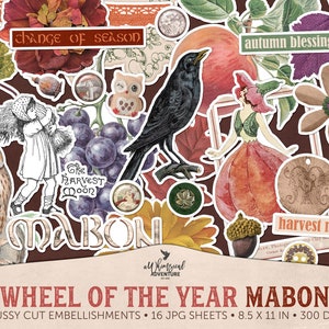 Wheel Of The Year Mabon Printable Fussy Cut Fall Ephemera Pack, Digital Download Autumn Scraps Collage Sheets, Mixed Media Art Collage Kit