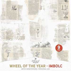 May include: Nine digital paper textures featuring vintage newspaper pages with faded text and illustrations of a sheep, a flower, and a menorah. The text at the bottom reads "Wheel of the Year - Imbolc" and "Arts Denotations - Personal Use".