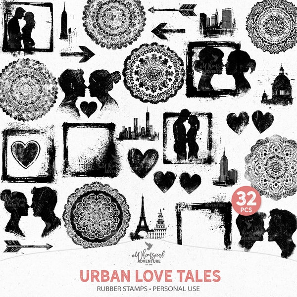 Urban Love Tales  Black And White Valentine Rubber Stamp Photoshop Brushes, Digital Download Grunge Metropolitan Romance PNG Files