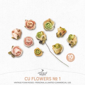 Flores de espuma vintage, rosas em miniatura digitais, download instantâneo, uso comercial OK, kits temáticos de contos de fadas, românticos ou de casamento, cabeças de rosas