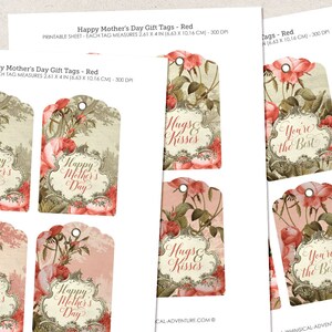 Red Coral, Red Roses, For Mom, For Her, Birthday Gift, Peach, Mothers Day, Romantic Gift, Vintage Style, Floral, Hang Tags, Printable Labels image 3