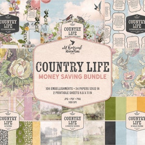 Country Life Scrapbook Bundle - Clipart di fattoria rustica - Texture trasandate - Download digitale
