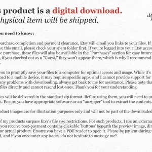 May include: Text on a white background with a whimsical design in the top right corner. The text reads: "This product is a digital download. No physical item will be shipped. What you need to know:"  The text continues with information about how to access digital downloads after purchase.