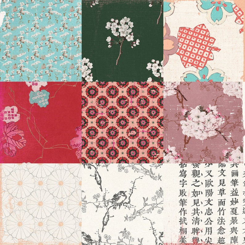 K&ouml;nnte beinhalten: Eine Collage aus neun verschiedenen gemusterten Quadraten, jedes mit einem einzigartigen Design. Die Muster umfassen florale Motive, geometrische Formen und traditionelle japanische Schriftzeichen. Die Farben sind lebendig und vielf&auml;ltig, darunter Rot, Rosa, Blau, Gr&uuml;n und Wei&szlig;.
