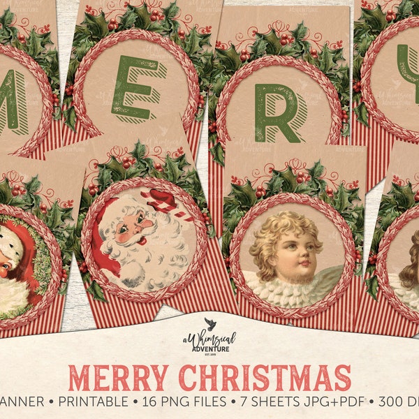 Printable Merry Christmas Banner In Traditional Red And Green With Large Letters, Vintage Santa, Victorian Angels And Holly Wreath