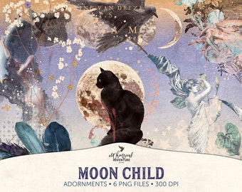 Mystical Clipart, Watercolor Moon Clip Art, Stay Wild Moon Child, Celestial Scrapbook Clipart