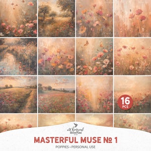 Art mural coquelicots rouges, papiers cottage inspirés de Monet, arrière-plans d'albums et de journaux à téléchargement numérique, style peinture à l'huile
