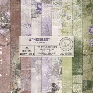 Wanderlust Travel, Shabby Floral Papers, Bon Voyage, Download instantâneo, Pacote de papel Artsy, Papel para scrapbook digital 12x12, Lavanda, Nuvens