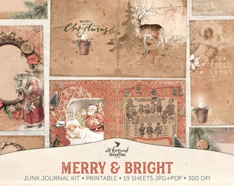 Frohe und helle druckbare Vintage Weihnachten Junk Journal Kit, digitaler Download Shabby Chic Urlaub Geschenk Journal Ephemera