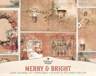 Merry And Bright Printable Vintage Christmas Junk Journal Kit, Digital Download Shabby Chic Holiday Gift Journal Ephemera