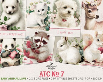 Könnte beinhalten: Acht digitale druckbare Karten mit Babytieren, Blumen und Herzen. Die Karten haben den Text "I WUFF YOU" und "LOVE YOU BEARY MUCH".