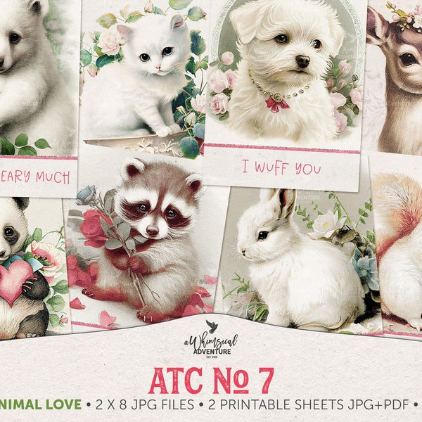 Cute Printable Valentine Cards With Watercolor Animal Babies, Digital Download Shabby Chic Romantic Journal Ephemera Pack