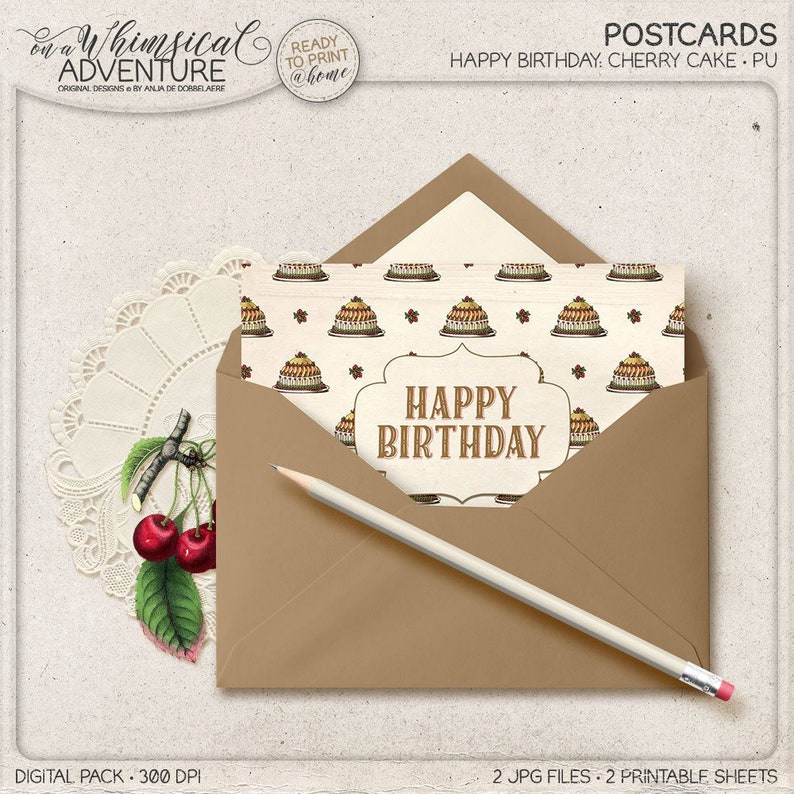 Happy Birthday Card, Printable Postcard For Him Or Her, Instant Download, Vintage Cherry Cake image 1