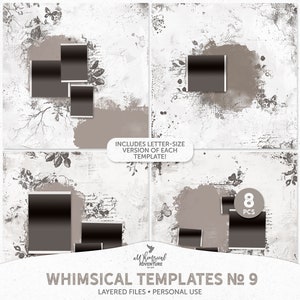 Peut inclure: Ensemble de 8 modèles de scrapbooking numériques à l'esthétique fantaisiste et vintage. Chaque modèle présente un fond vieilli avec des accents floraux et une variété de cadres photo. Les modèles sont superposés et peuvent être personnalisés pour créer des pages de scrapbooking uniques.
