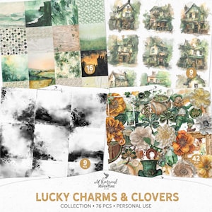 Lucky Charms e Clovers Scrapbook Gráficos e Papéis Desconto Pacote, Download Instantâneo Arte de Mídia Mista para o Dia de São Patrício