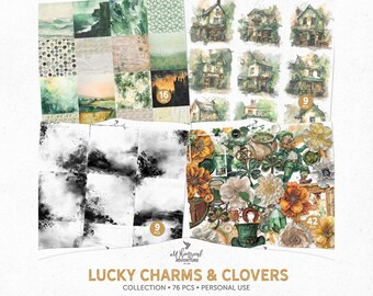 Lucky Charms And Clovers Scrapbook Graphics And Papers Discount Bundle, Instant Download Mixed Media Art For St Patricks Day