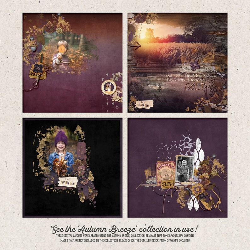 May include: Four digital scrapbook layouts with a fall theme. The layouts feature images of children, a field of tall grass, and a vintage label. The layouts are decorated with gold accents, leaves, and flowers. The text "Autumn Days" and "You will find me where the fields turn to gold" are included in the layouts.