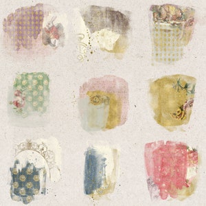 May include: A digital collage of nine watercolor squares with various patterns and images, including a rabbit, teacups, and flowers. The background is a textured beige.