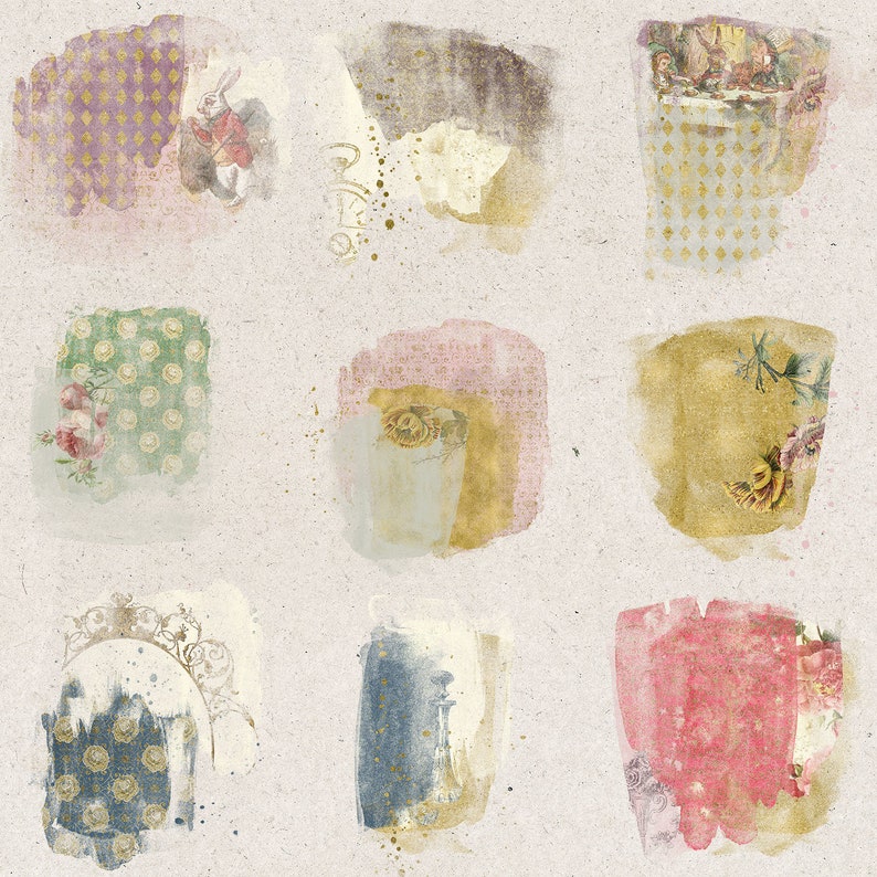May include: A digital collage of nine watercolor squares with various patterns and images, including a rabbit, teacups, and flowers. The background is a textured beige.