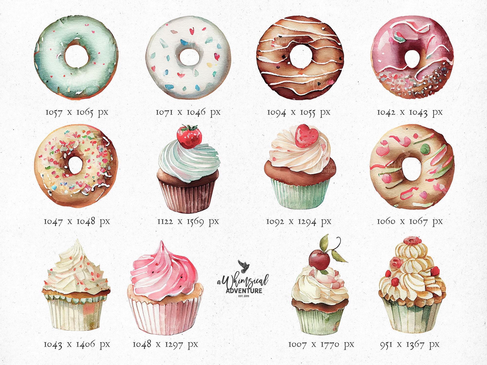 Watercolor Cupcake and Donut Valentine Clipart PNG Files for - Etsy
