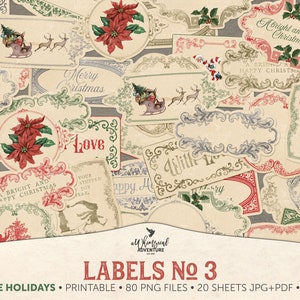 May include: A set of 20 printable Christmas gift tags with vintage designs. The tags feature a variety of festive images, including poinsettias, holly, and Santa Claus. The text on the tags includes "A bright and happy Christmas", "Merry Christmas", and "Love".