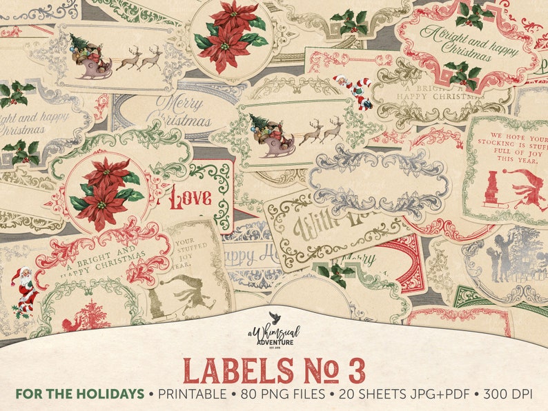 May include: A set of 20 printable Christmas gift tags with vintage designs. The tags feature a variety of festive images, including poinsettias, holly, and Santa Claus. The text on the tags includes "A bright and happy Christmas", "Merry Christmas", and "Love".