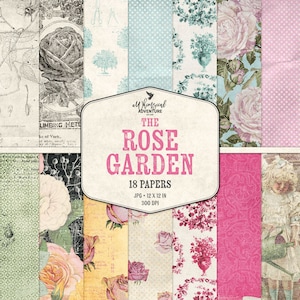 Digitaal plakboek Rose Garden, cottagecore-papierpakket met bloemen, botanische print shabby Romantic Rose