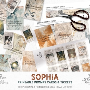 May include: A collection of Sophia printable prompt cards and tickets featuring vintage-style illustrations, text, and imagery. The set includes 32 separate pieces with various prompts and labels like 'Realm of Curiosity' and 'Library of Knowledge'.