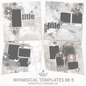 Puede incluir: Cuatro plantillas digitales de scrapbooking con un tema caprichoso. Cada plantilla presenta un fondo gris y blanco con un área de título y un espacio para una foto. Las plantillas están decoradas con flores y otros adornos.