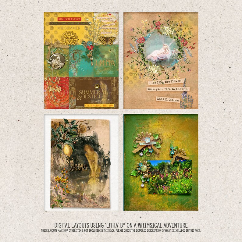 Solstice Collage Summer Solstice Mixed Media Clipart and Papers Scrapbook Kit, Digital ...