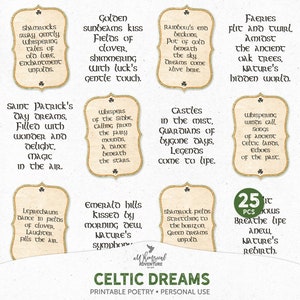 Druckbare irische und keltische Poesie Geschenkanhänger und Briefmarken zum St. Patricks Day, digitale Download-Blätter und schwarze Clipart-PNG-Dateien