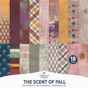Papeles con temática de otoño, patrones de técnica mixta de otoño, paquete de papel con aroma a otoño, descarga instantánea, fondos de álbumes de recortes digitales, bosque, búho