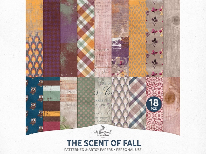 Fall Themed Papers, Autumn Mixed Media Patterns, Scent Of Fall Paper Pack, Instant Download, Digital Scrapbook Backgrounds, Woodland, Owl image 1