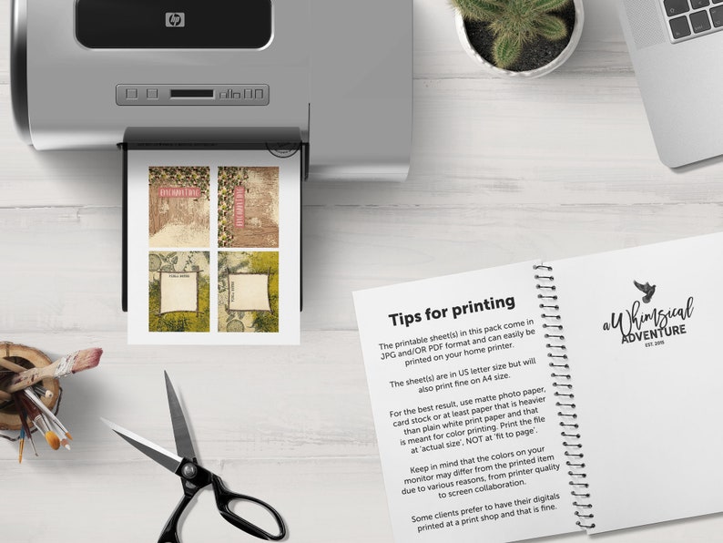 May include: Printable digital paper sheets with a vintage aesthetic. The sheets feature a distressed background with floral and geometric patterns. The text "Tips for printing" is visible on a white page with a spiral binding.