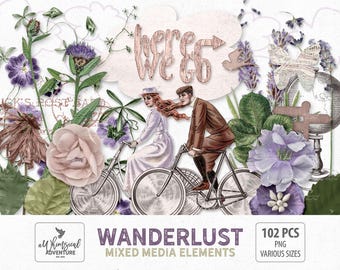 Wanderlust Clip Art, Instant Download, Digital Scrapbooking Elements, Mixed Travel Pack, Flowers, Wooden Words, Foliage, Vintage Ephemera
