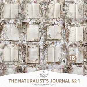 Páginas de diario basura con notas de campo digitales botánicas de estilo rústico naturalista, papel de álbum de recortes vintage de naturaleza para descargar al instante