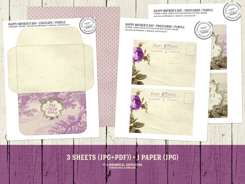 Printable Greeting Card For Mother's Day, Gift For Mom, DIY Card And Envelope Set For Wife, Vintage Landscape Art, Antique Purple Roses image 4