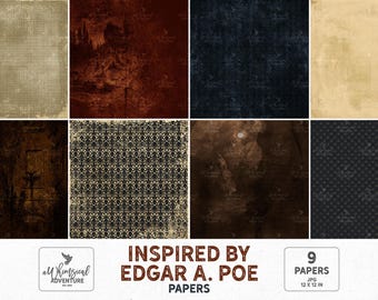 Edgar Allan Poe, The Raven, Gothic Landscape, Instant Download, Digital Scrapbooking Paper, Halloween Backgrounds, Tombstone And Graveyard